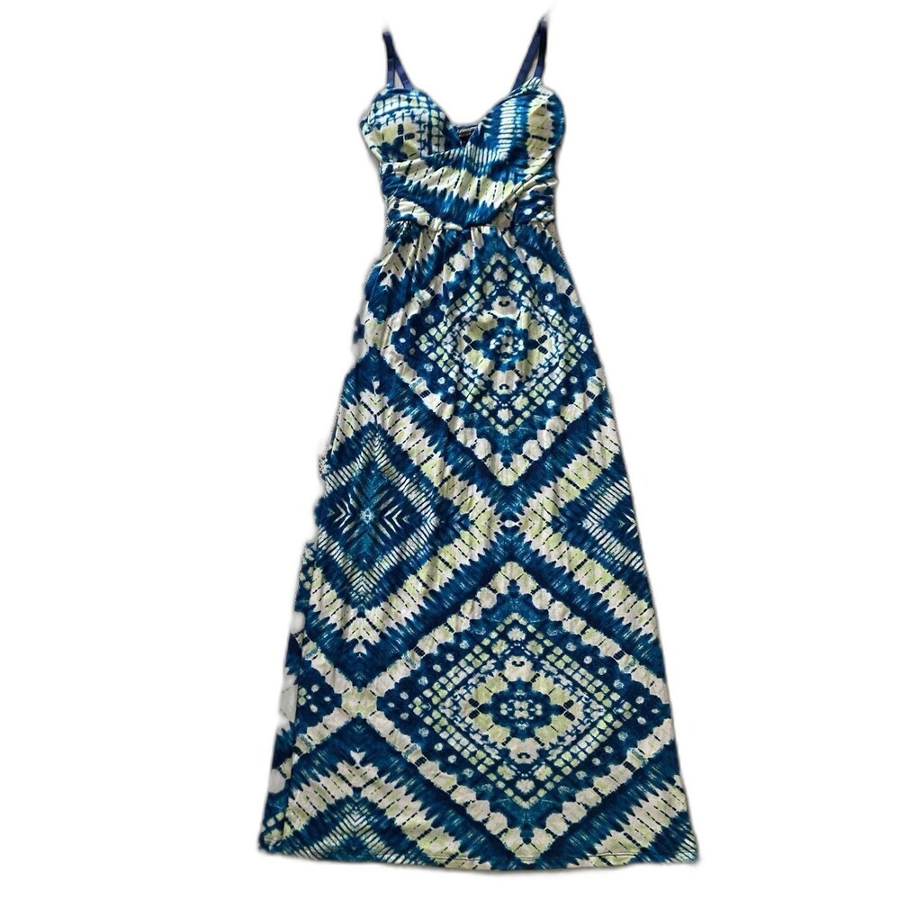 Allison Brittney Halter Maxi Dress Tie Dye Geometric Y2K Womens M White Blue